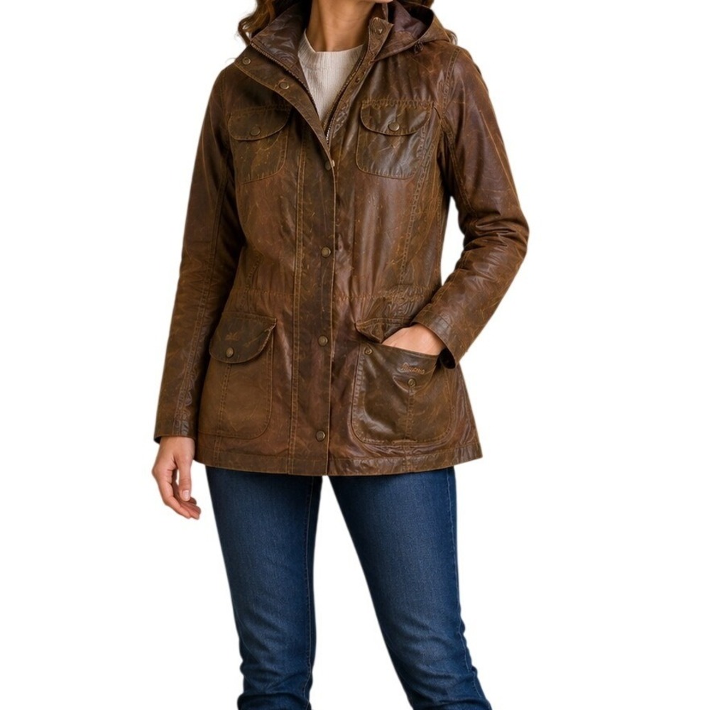 Barbour Distressed Brown Waxed Cotton Hooded Field Jacket Women's 6